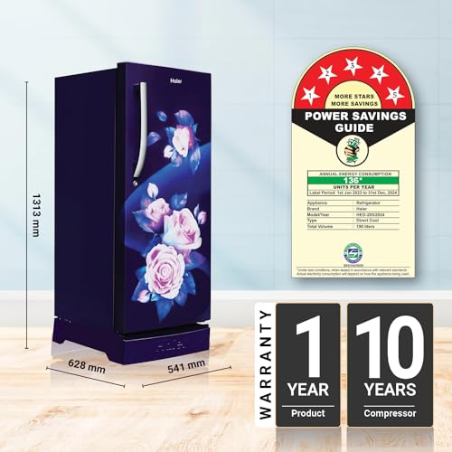 Image of Haier 190 L, 5 Star, Direct-Cool Single Door Refrigerator (HED-205MRB-P, Marine Rose, Base Stand Drawer)
