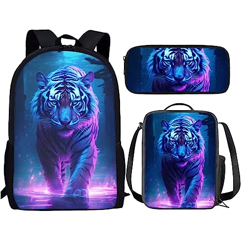 Cumagical Purple Tiger Lake Print Lightweight Backpack Bookbags Outdoor Travel Laptop Daypack 3 Pieces Set With Lunch Bag, Pencil Bag
