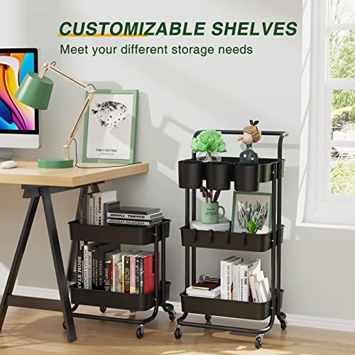 3-Tier Rolling Mobile Utility Cart With Hanging Cups & Hooks & Handle Multifunctional Organizer Storage Trolley Service Cart With Wheels Easy Assembly For Office, Bathroom, Kitchen (Black) #TOP4