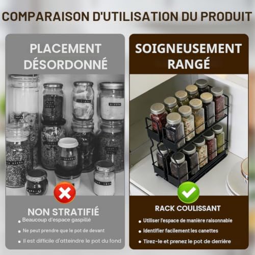 Étagère à épices à deux niveaux, extensible, pas de montage ou de perçage nécessaire, construction en bois naturel, design de tiroir à plusieurs niveaux (acier inoxydable noir) – vue 8