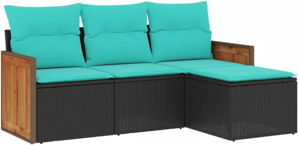 vidaXL Patio Sofa Set with Cushions - 4 Piece Outdoor Black PE Rattan Furniture, Modular Design, Storage Function, Waterproof Bags, Washable Covers, Versatile for Patio, Garden, Deck