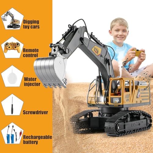 Image of Remote Control Excavator Toys for Boys,14 Channel 1:14 Rc Digger Construction Toys Tractor,Simulated Smoke, Sound, Lighting, Metal Digging Head, for Boys 3 4 5 6 7 8 9 10