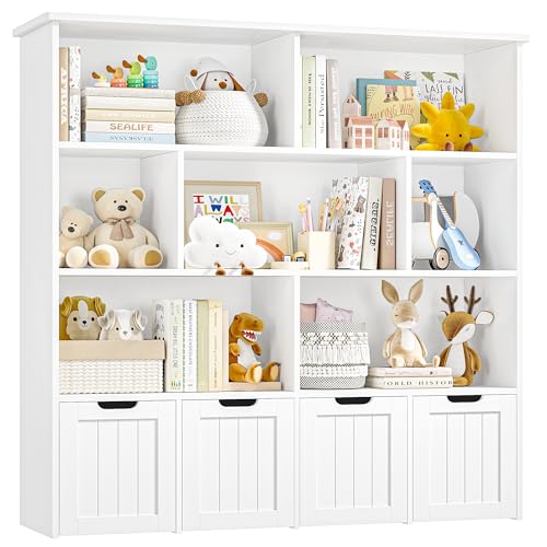 FINETONES Toy Storage Organizer, Kids Bookshelf with 4 Movable Chests and 7 Storage Cubes, Toy Chest Storage with Hidden Wheels, Toy Organizers and Toy Storage, White