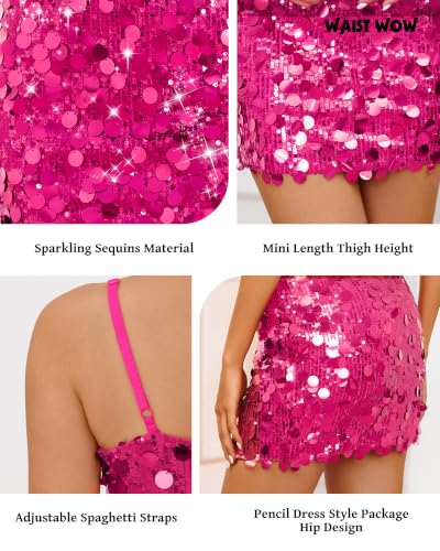 Image of Waist Wow Sequin Dress for Women Spaghetti Strap Sexy Dresses Glitter Sparkly Mini Dress