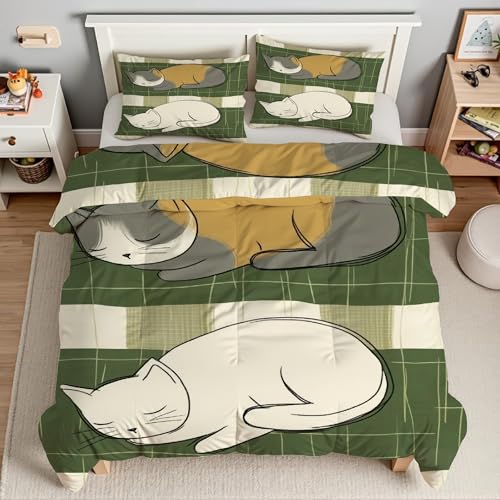 Housse de couette 240 x 260 anti-plis parure de lit chat avec fermeture eclair