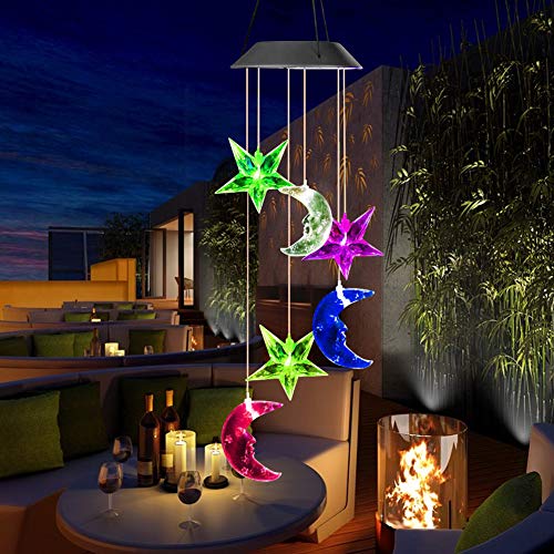 Vinkki Solar Wind Chime Color Changing Solar Light Moon Star LED Wind Chime Wind Mobile Portable Waterproof Outdoor Decorative Romantic Wind Bell Light for Patio Yard Garden Home