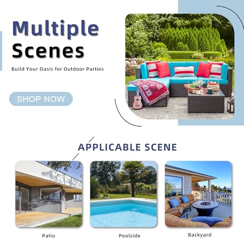 Vongrasig 5 Piece Furniture Sets, All-Weather Brown PE Wicker Outdoor Couch Sectional Small Patio Conversation Garden Sofa Set w/Ottoman, Glass Table, Blue