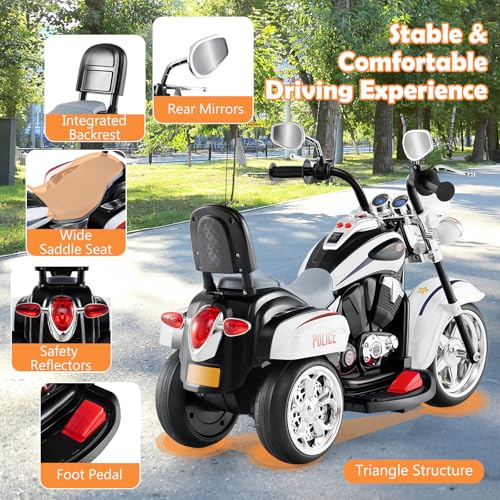 Image of Costzon 6V Ride on Chopper Kids Motorcycle w /Horn, Headlight(Police White) | Battery Powered, 3-Wheel Stable Ride on Toys, Electric Toddler Motorcycle for Kids, Gift for Boys Girls