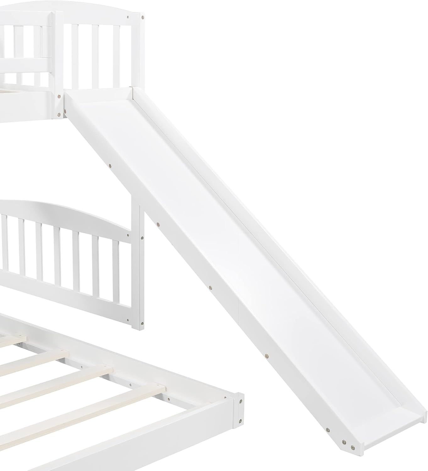 Wood Bunk Bed for Kids with Slide & Ladder,Twin Over Twin Floor Bunk Bed Frame with Safety Guardrails and Slat Support,Stairway Low Bunkbeds for Boys Girls,Space-Saving,No Box Spring Needed,White