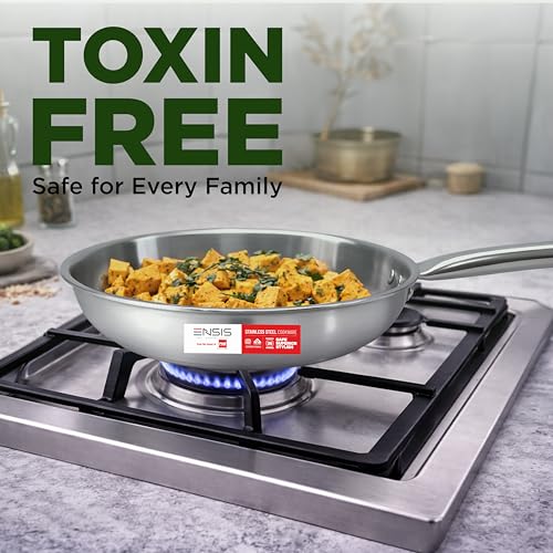Image of ENSIS Triply Stainless Steel Frying Pan with Lid 22cm 1.25L | Heavy Bottom Skillet for Indian Kitchen | 304 Food Grade Toxin Free | Induction & Gas Friendly | 5 Year Warranty by PNB Kitchenmate