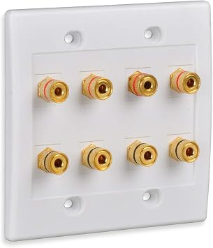 Speaker Wall Plate with 8 Banana Binding Posts, HTTX [2-Gang] White Gold-Plated Female Speaker Wire Socket Connector for Wallplate with Black & Red Rings