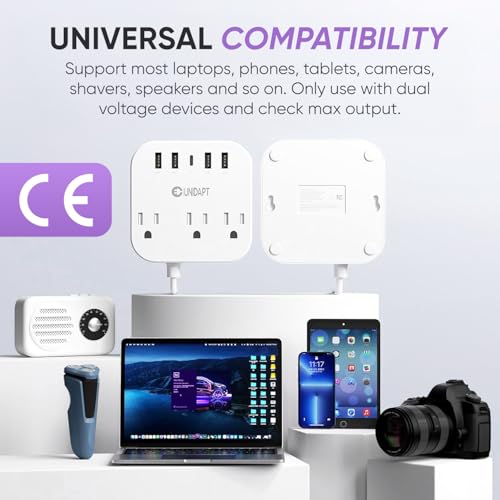 Image of European Plug Adapter, Unidapt US to UK Europe Power Strip for EU /UK /US with USB C and 4 USB Ports, 3 AC Outlets, Wall Mountable, 5ft Extension Cord, for Travel Cruise Ship Home