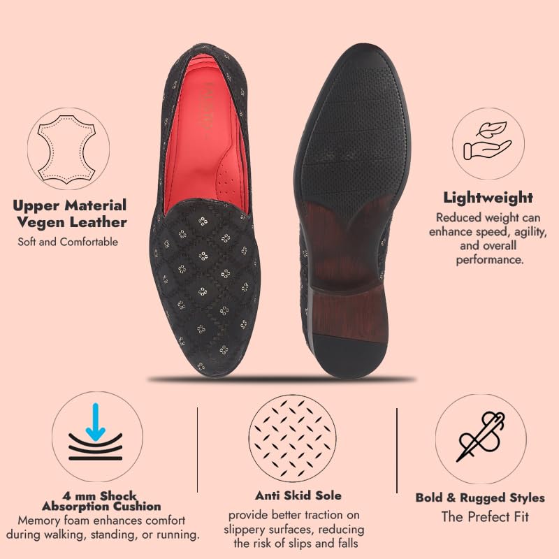 Image of FAUSTO Men Embroidered Sequin Ethnic Slip-On Juttis and Mojaris | Traditional Party Loafer Sherwani Shoes for Wedding, Reception, Cocktail and Festive Outfits