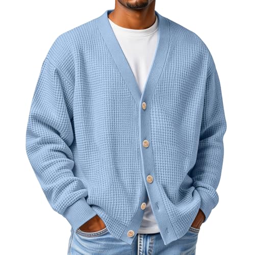 Mens Cozy Waffle Knit Loose Casual Layer Style Sweater Button Down Relaxed Cardigan Easy Fall Outfits
