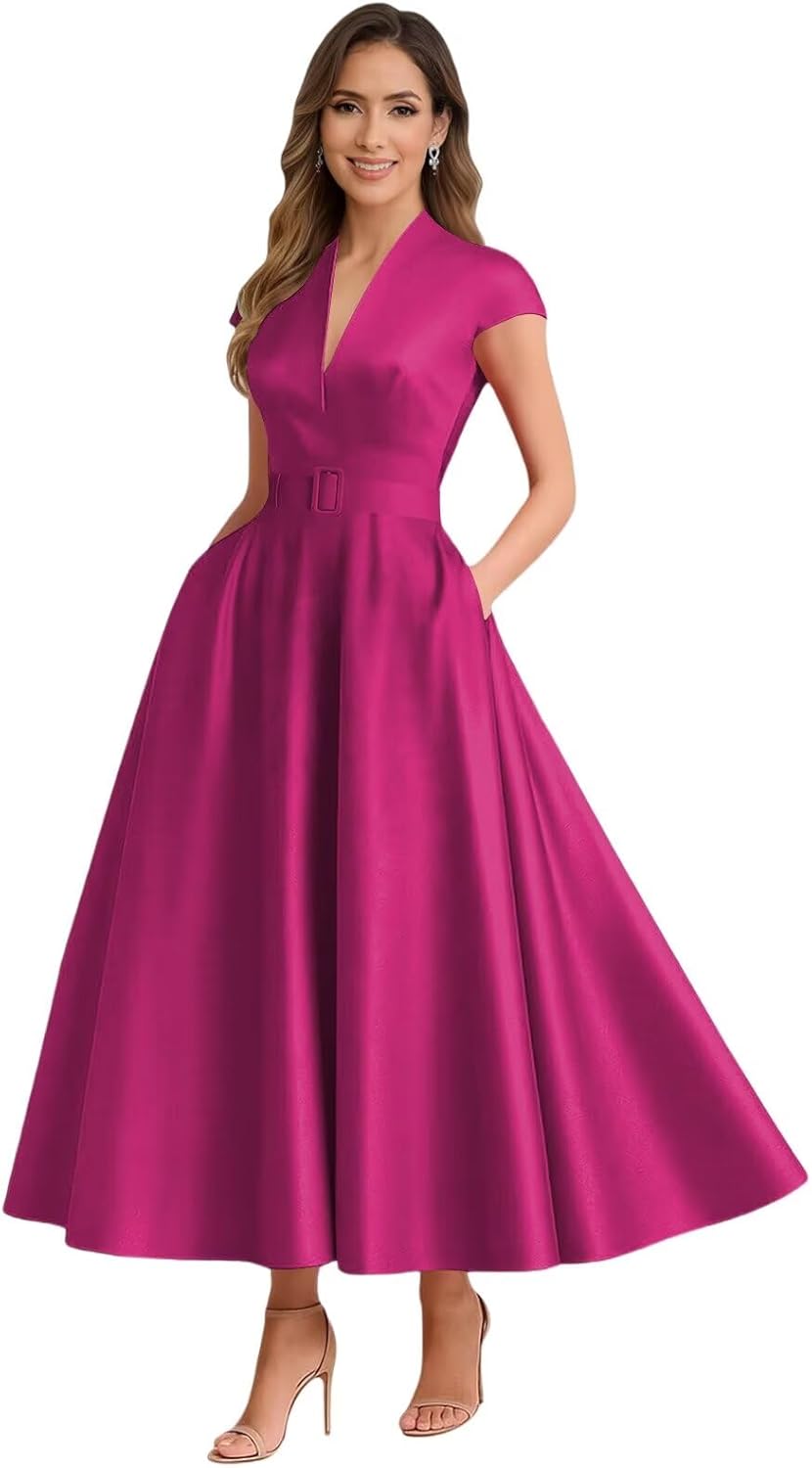 Tea Length Satin Mother of Bride Dresses for Women A Line Formal Wedding Guest Dress with Pockets Belt