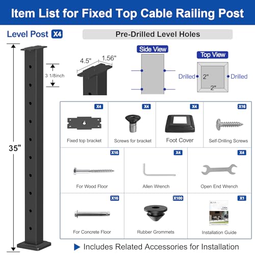 Image of BLIKA 4 Pack 36 inch Level Drilled Cable Railing Post(Post 35 inchx2 inchx2 inch), Flat Top Surface Mount Deck Post, Stainless Steel Black Powder Coated Finish Cable Handrail Post for Deck Railing, BL02-LP