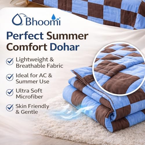 Image of Single Bed Dohar Blue Brown Checkered | Lightweight Summer Quilt | Cotton AC Blanket | Breathable All Season Comforter | Skin Friendly Bed Cover