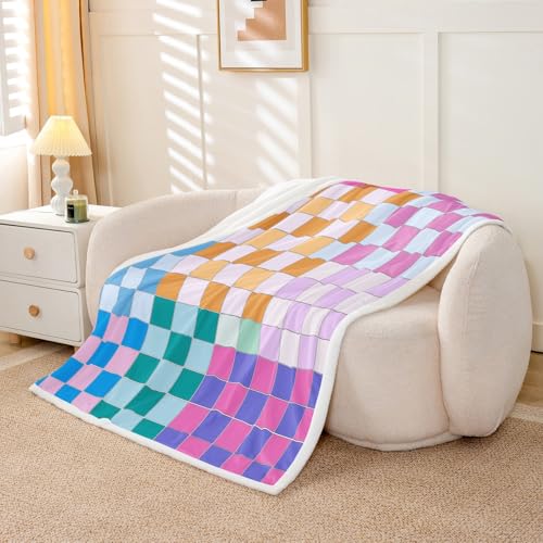 Image of Erosebridal Colorful Checkered Throw Blanket Twin 60 inchX80 inch Rainbow Checkerboard Grid Fleece Bed Blanket Blue Pink Purple Ombre Plaid Sherpa Blanket for Kids Boys Girls,Groovy Aesthetic Plush Blanket