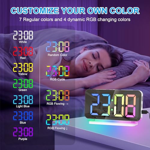 Sukeen 7.4" LED Digital Alarm Clock, Mirror Clock with 11 Colors Time Display, 10 Modes RGB Night Light, USB C Charger Port - Image 2