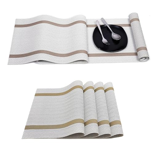 Image of Dining Table Placemats & Runner Set - Heat Resistant, Washable & Stain Resistant Woven Vinyl Mats | Table Runner & 4 Placemats Set for Stylish Dining (45x30 cm Placemats, 180x30 cm Runner)