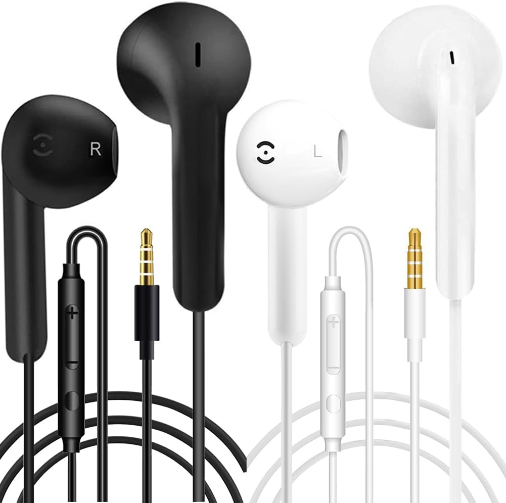 2 Pack In-Ear Headphones with Cable, Headset with Mic & Volume Control, 3.5 mm, White/Black, 2 Count