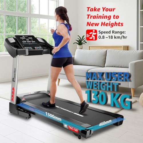 Image of PowerMax Fitness TAC-125 5HP Motorised Auto Incline Treadmill for Home Use, Max User 130kg, Max Speed-18kmph, BMI Calculator, Running Deck 1300x460mm, LED Display, Aux, Bluetooth for Music