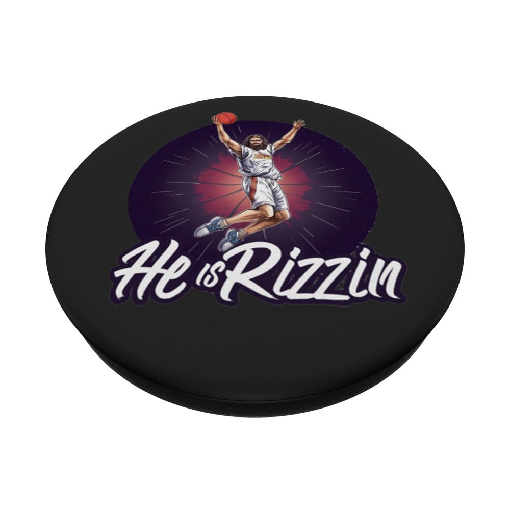 Funny He is Rizzin Jesus Christ Christian Basketball Easter PopSockets Swappable PopGrip, Black - Image 2