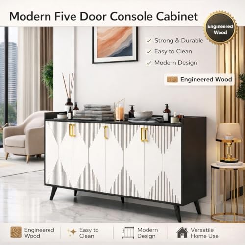 Image of Spyder Craft Mid-Century Modern 5-Door Sideboard Buffet - Geometric Diamond Pattern Credenza with Gold Hardware & Tapered Legs - Large Wood Storage Cabinet for Living Room, Dining Room- Black & White