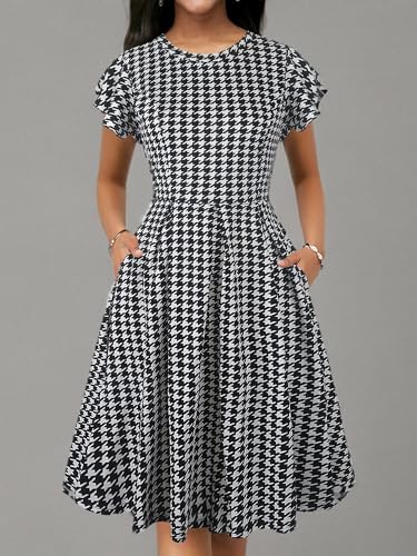 Image of oxiuly Women's Flounce Sleeve Wedding Church Vintage Dresses Casual Floral Party Cocktail Work Dress with Pockets Fei376