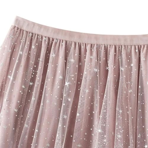 Women Tulle Skirt Sequins Print Tulle Midi A-Line Skirt Elastic Waist Lace Pleated Loose Skirt2