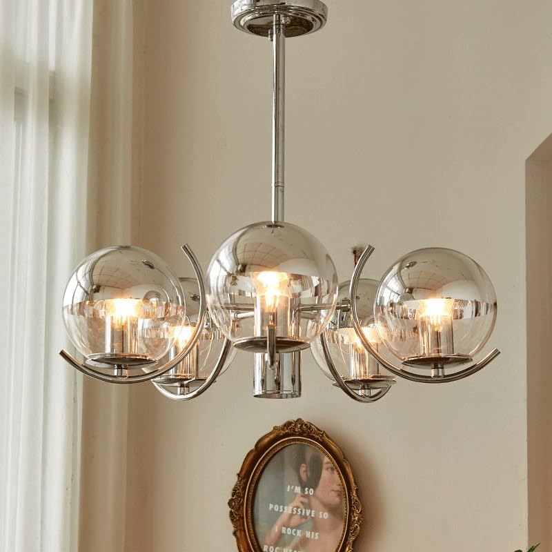Lustre Suspension Moderne E27 en Fer et Verre Soufflé Luminaire de Standing pour Grand Salon