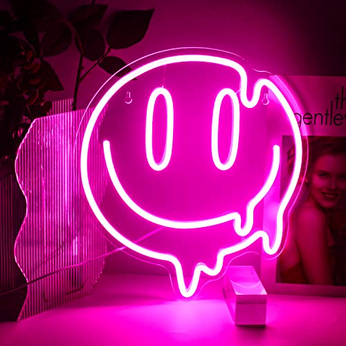 Melting Smile Face Neon Sign Pink Smile Face Neon Sign For Wall Decor Melted Smile Face Decor For Cute Kids Room Bedroom Smile Led Sign For Room Decor Holiday Party Gift #TOP6