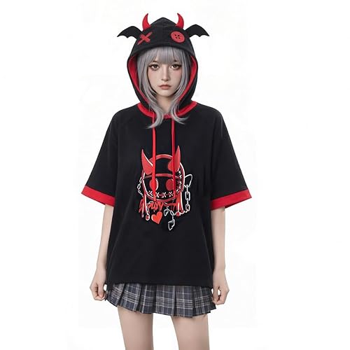 Cosfun Adult Devil T-Shirts Goth Short Sleeve Hooded Shirt Pullover