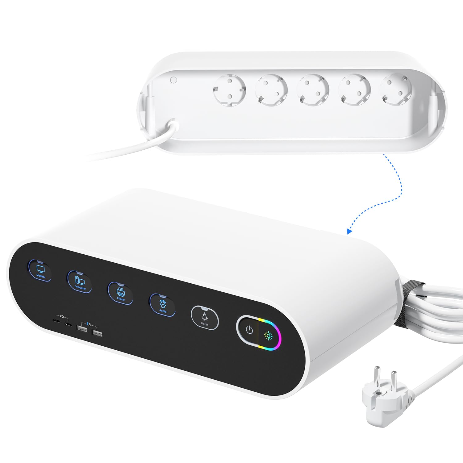 SooPii Regleta con Caja organizadora de Cables, 5 Tomas de Corriente con interruptores Individuales, Cargador GAN de 65 W, Cable de extensión de 6,6 pies, para Uso en el hogar y la Oficina