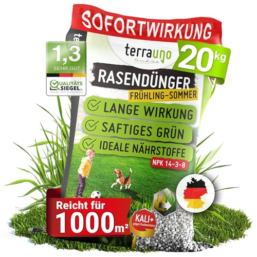 TerraUno Rasendünger Frühjahr/Sommer I Sofortwirkung für saftiges grün I 20 kg für 1000 m I gesunder Rasen verdrängt Moos und Unkraut I NPK Dünger Rasen I Gegen Trockenstress I Für den Streuwagen