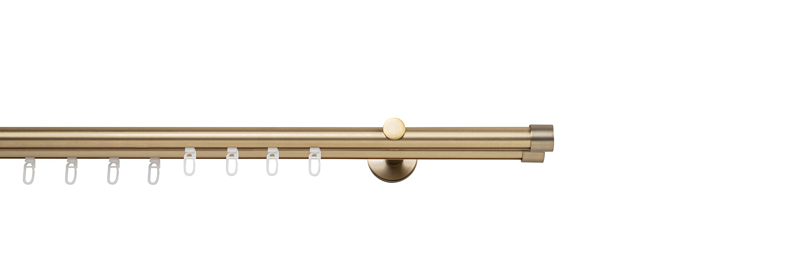 Tringle à rideaux sur mesure - Roulement intérieur de 20 mm - Casquette à 2 voies - Supports muraux de 12 cm - Avec patins pour rideaux - Laiton mat - 130 cm