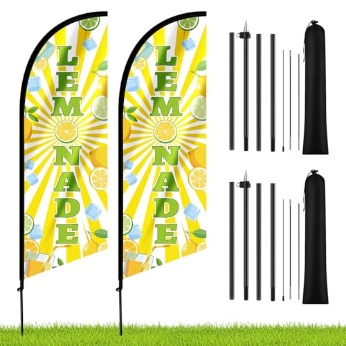 Nlicrst 2 Set Lemonade Feather Flag Kit - Includes Vibrant Lemon Banners Sturdy Flag Poles & Carrying Bag Eye-Catching Lemonade Stand Decor for Outdoor Advertising Yard Sales Parties & Events