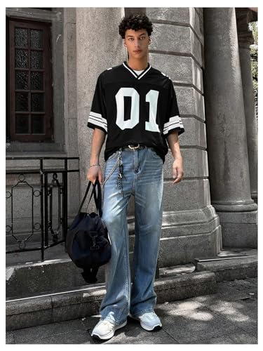 OYOANGLE Men's Number Graphic Print Jersey Shirts Color Block V Neck Short Sleeve Oversized Tee Shirt3