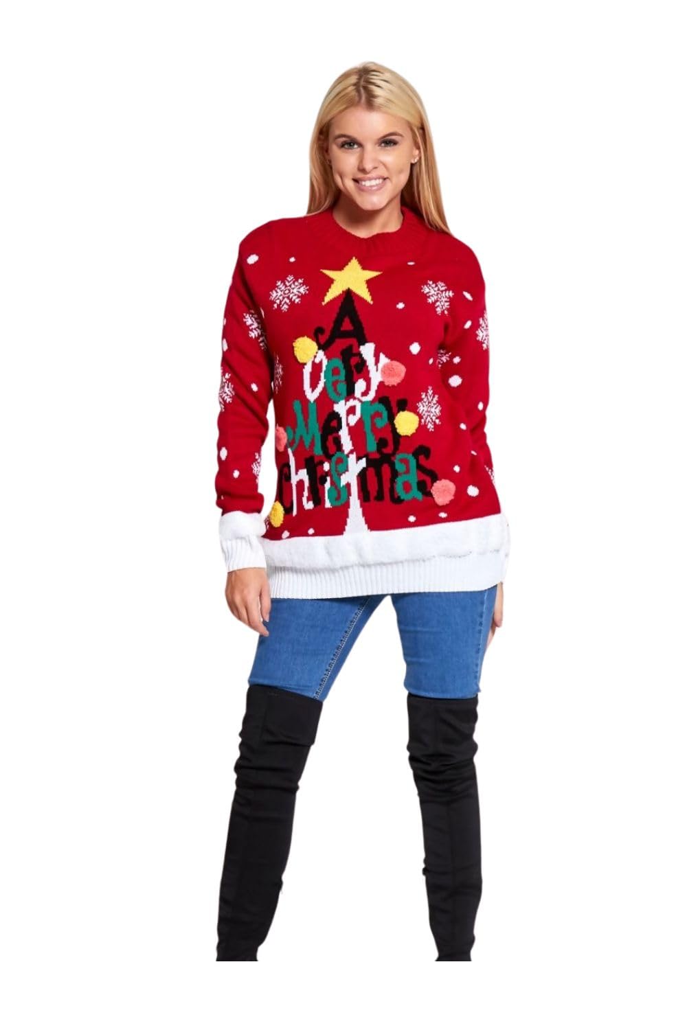 Divadames Women's Xreindeer (Red) Christmas Jumpers Xmas Reindeer & Snowflake Slogan Pom Pom Rudolph Jumper Uk Sizes (24/26, )