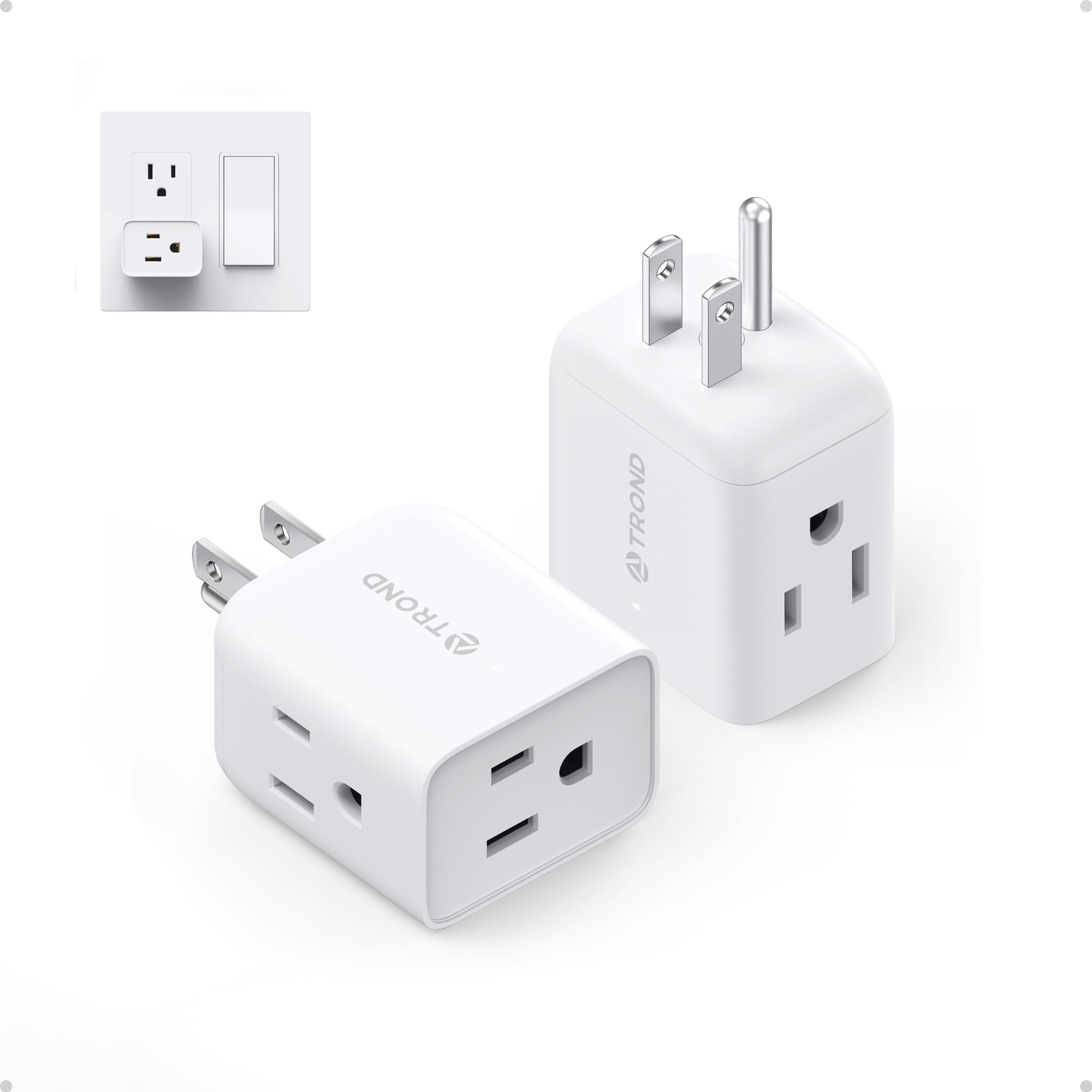 TROND Multi Plug Wall Outlet Extender - 2 Pack Electrical 3 Way Plug Extension Outlet Splitter Adapter, Small Multiple Wall Expander for Home Office Dorm Room Cruise Ship Travel Essentials, White