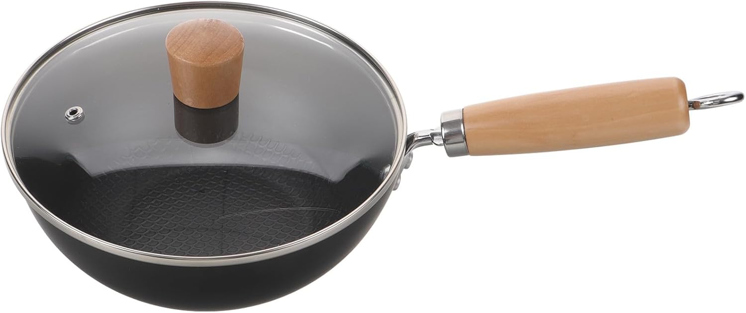 Japanese Small Wok Pan with Lid 20cm Flat Bottom Carbon Steel Stir Fry Pan for Gas Stove Household Cooking