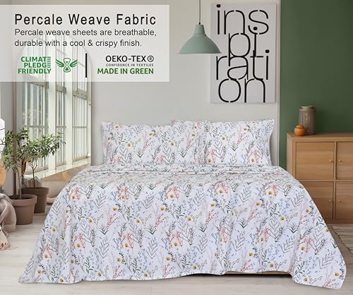RUVANTI 100% Cotton King Size Sheets Set, 4 Pieces, Soft & Breathable Percale Weave Bedding, Deep Pocket 16", Hotel Standard, Crisp Cool Feel, Durable, Perfect Floral Bed Sheet, Aroma