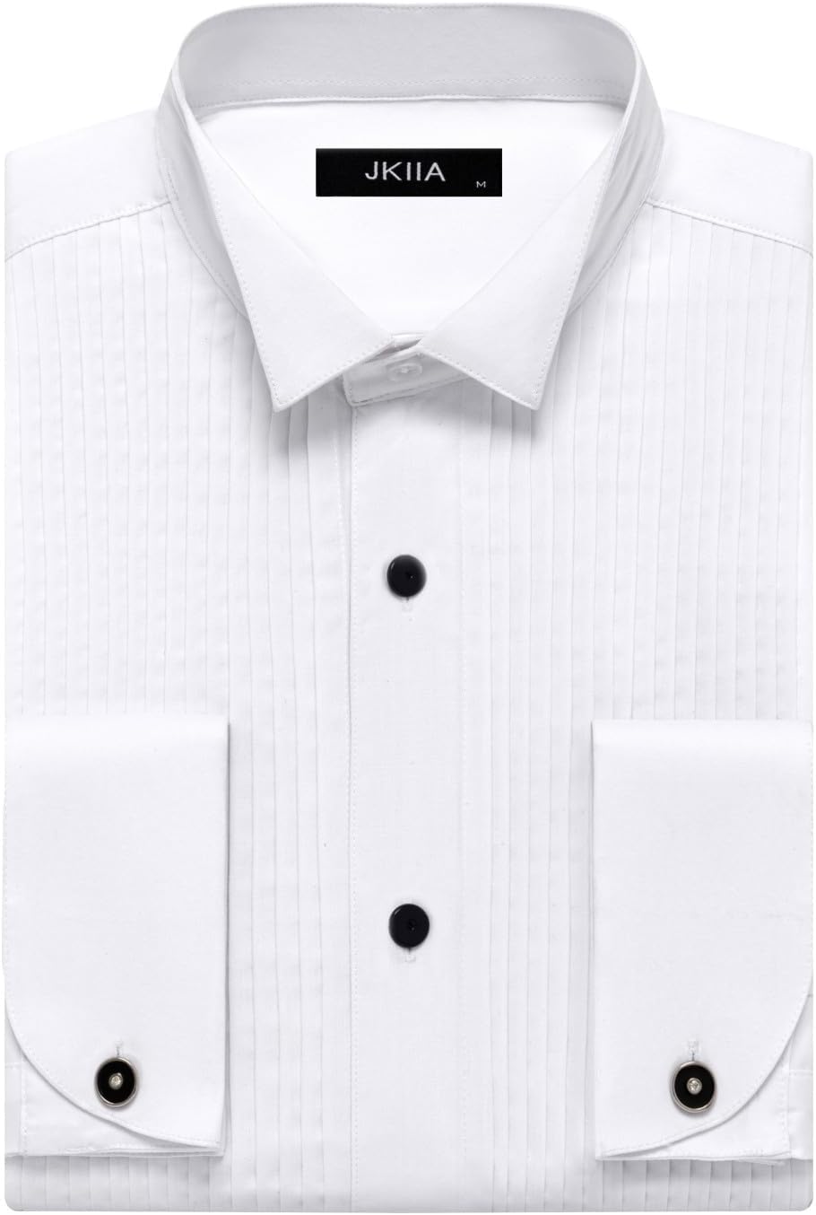 Men's Solid Tuxedo Dress Shirts Wing Collar French Cuff Pleated Long Sleeve Button Down Shirts for Prom Party Wedding