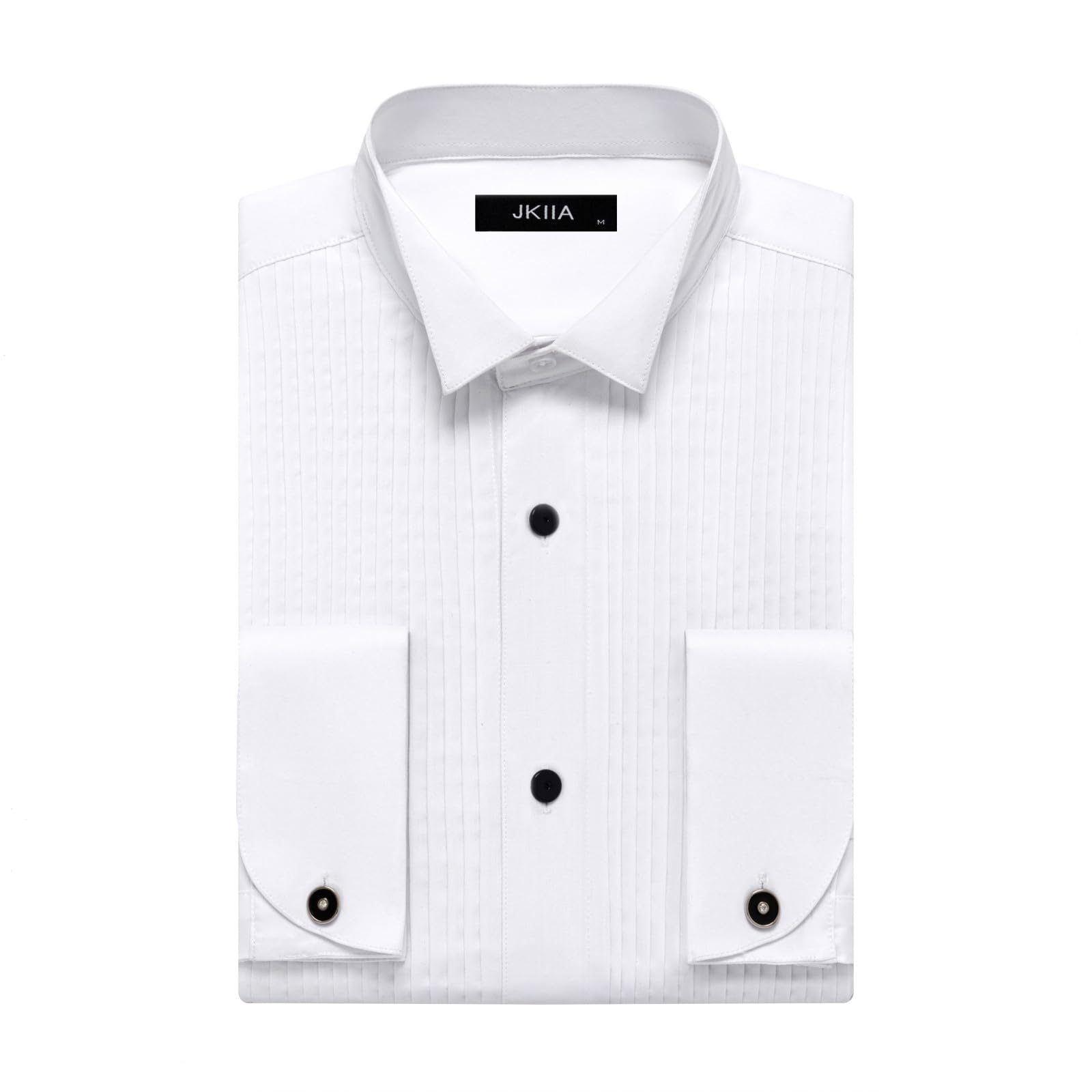 JKIIA Men's Solid Tuxedo Dress Shirts Wing Collar French Cuff Pleated Long Sleeve Button Down Shirts for Prom Party Wedding