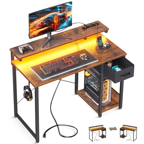 AODK Gaming Desk with Monitor Shelf, 40 Inch Computer Table with Drawer, Reversible Pc Desk with LED Lights & Power Outlet, Work Table with Headphone Hook for Home Office, Rustic Brown