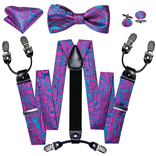 Image of YOHOWA Men Suspenders 6 Clips Strength Adjustable Y Braces Pre-Tied Bow Tie Set Formal Wedding Party
