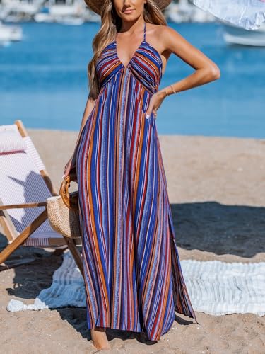 Image of CUPSHE Women Backless Ruffle Summer Dress Halter Plunging V Smocked Waist Back Bow Tie Tiered Maxi Casual Beach Dresses