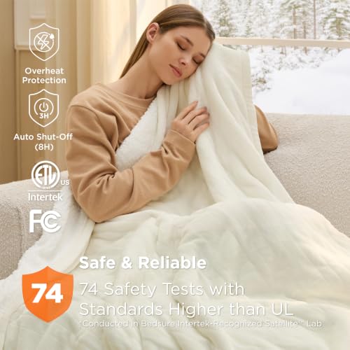 Image of Bedsure Heated Blanket Throw XL, Soft Electric Blanket with Preheat, Ivory