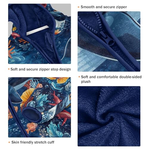 Ocean Life Dolphin Pattern Toddler Fleece Jacket Girl Boys Hooded Fleece Jacket Coat Warm Outwear Zip-up 3-10T3