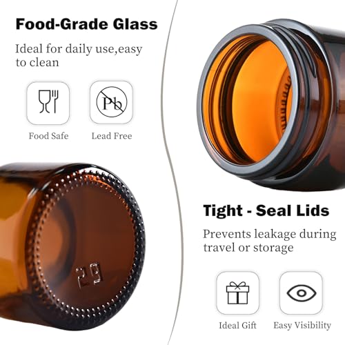 4 oz Amber Glass Jars with Lids,24 Pack 4oz Small Glass Jars with Inner Liners,4 Ounce Travel Jars for Cosmetics Container,Cream Lotion,Body Scrub3